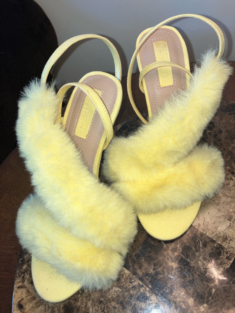 Forever 21 Yellow Faux-Fur Strap Heels - Picture 1 of 4